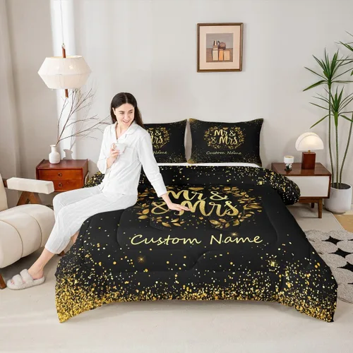 Vista 2 de Juego de ropa de cama personalizado con lentejuelas negras y doradas, tamaño individual, edredón de corazón dorado con purpurina para mujeres