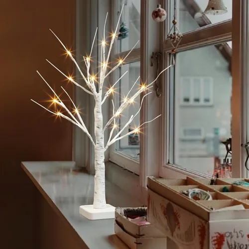 Vista 9 de PABIPABI Árbol de Abedul Iluminado, Árbol de Navidad de 22'' con 24 LED, Centro de Mesa Árbol Artificial con Luces Alimentado por Batería