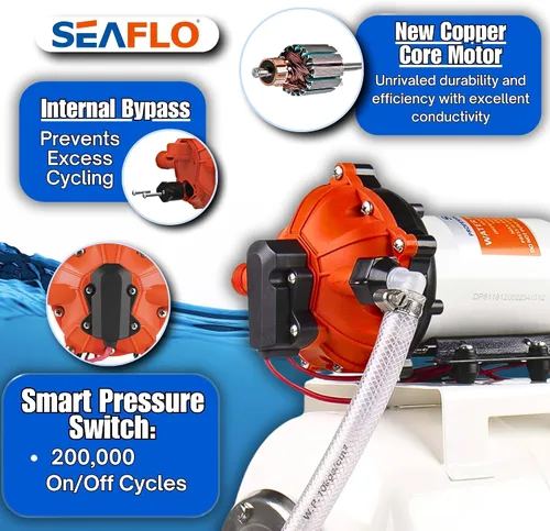 Vista 4 de SEAFLO Bomba de agua marina 12 V CC 60 PSI 5,5 GPM Sistema de tanque acumulador de 2 galones Sistema de aumento de presión del acumulador para un