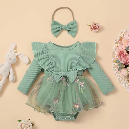 Vista 2 de Sasaerucure Traje de manga larga para bebé niña de otoño e invierno, mameluco de encaje con tutú de una pieza, mameluco de punto