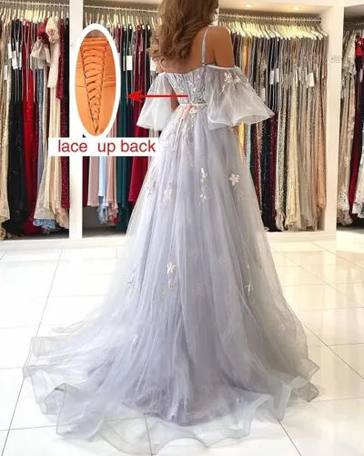 Vista 2 de hytio Vestido de noche formal con apliques de encaje para mujer, con hombros descubiertos, tul hasta el suelo, tirantes delgados, vestido de noche