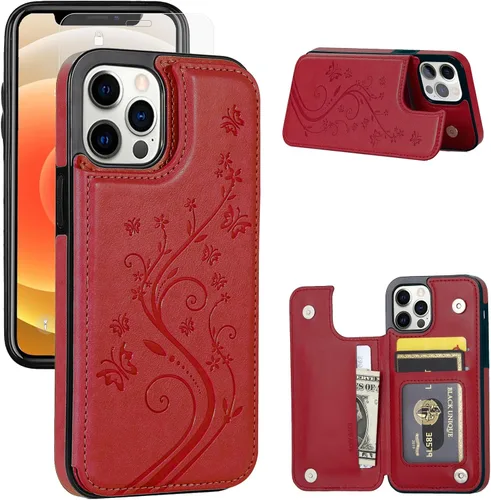 Vista 15 de Funda tipo cartera compatible con iPhone 12 Pro/12, funda protectora delgada con tarjetero, funda premium de cuero sintético con función atril