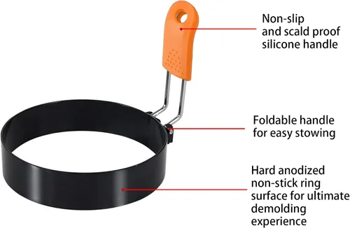 Vista 3 de Juego de 4 anillos para huevos de 3.5" con mango de silicona, anillo grande para freír huevos, molde redondo para muffins ingleses – Moldeador