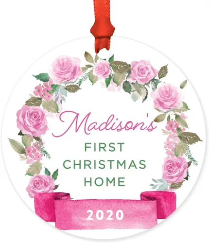 Vista 68 de Andaz Press Adorno de Navidad de madera grabado con láser para aniversario de boda, 1 año juntos, Navidad 2025, pancarta de flores rosas, 1 paquete