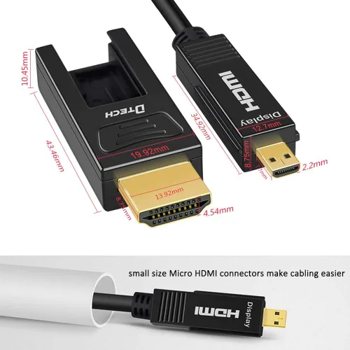Vista 3 de DTech Cable HDMI de fibra óptica de 25 pies 4K 60Hz YUV 444 18Gbps Ultra HD con doble conector micro a estándar cable HDMI para proyector de TV