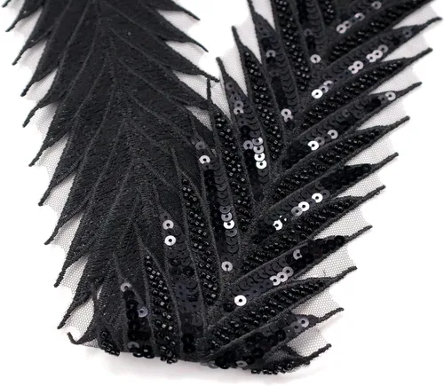 Vista 6 de Cinta de encaje con cuentas de encaje negro apliques de lentejuelas encaje de malla de flecha de encaje para coser, decoración de ropa