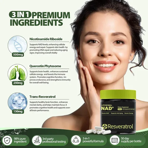 Vista 6 de Suplemento NAD+, resveratrol de ribósido de nicotinamida NAD, NAD liposomal, alternativa de suplemento NMNH para antienvejecimiento, claridad mental
