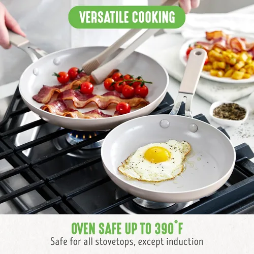 Vista 6 de GreenLife Juego de 2 sartenes de cerámica antiadherente de 8 y 10 pulgadas, sartenes ligeras y saludables sin PFAS, aptas para lavavajillas y horno
