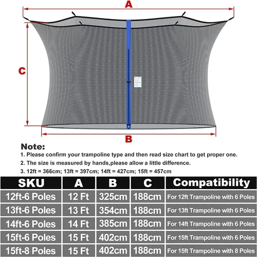 Vista 4 de Cliselda Trampoline Replacement Safety Net for 6 Straight Poles Round Frame Trampolines, Breathable and Weather-Resistant, with Adjustable Straps