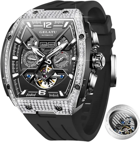 Vista 10 de OLEVS Reloj de pulsera automático con diseño de esqueleto para hombre, de lujo, con diamantes de lujo, de acero inoxidable, calendario, reloj