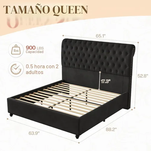 Vista 2 de Jocisland Base de cama Queen de 52.8 pulgadas, cabecera de trineo tapizada Negro