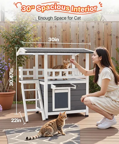 Vista 4 de VEVOR Casa para gatos al aire libre, refugio de madera para gatos de 2 pisos con escaleras y balcón, refugio elevado para gatitos, habitación