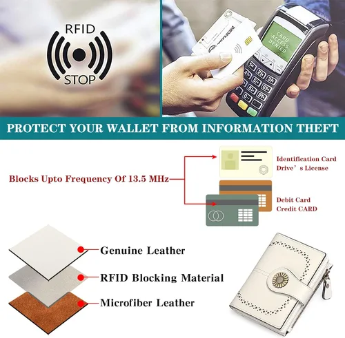 Vista 4 de SENDEFN Carteras pequeñas para mujer, con bloqueo RFID, de cuero, plegable, tarjetero con ventana de identificación, 1 blanco