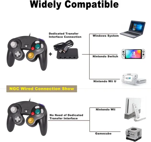 Vista 5 de Gamecube Controller - Paquete de 4 adaptadores de 4 puertos y 4 cables de extensión para Switch PC y consola Wii U mejorada (OPBS)