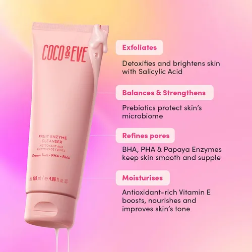 Vista 4 de Coco & Eve Limpiador enzimático de frutas. Limpiador suave a base de agua para tez radiante. Refina los poros, exfolia y humedece la piel. BHA