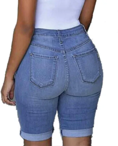 Vista 2 de GOKKILRW Bermudas para mujer, longitud hasta la rodilla, pantalones cortos de mezclilla desgastados, elásticos, curvos, rasgados, talla grande