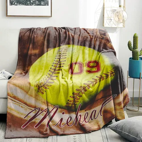 Vista 7 de Manta de sóftbol personalizada con nombre y número, manta de sóftbol personalizada de franela súper suave, regalo de sóftbol para niños, niñas