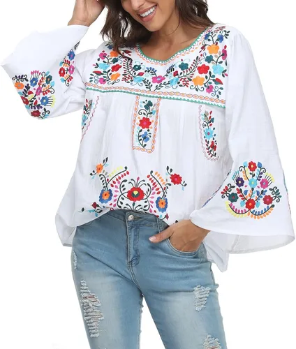 Vista 2 de YZXDORWJ Blusa de verano con bordado bohemio mexicano bohemio para mujer