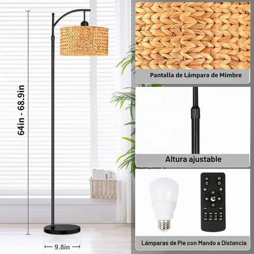 Vista 5 de QIYIZM Lámpara de pie para sala de estar, dormitorio, estilo granja, arco, ratán, boho, lámpara de pie con control remoto regulable, pantalla