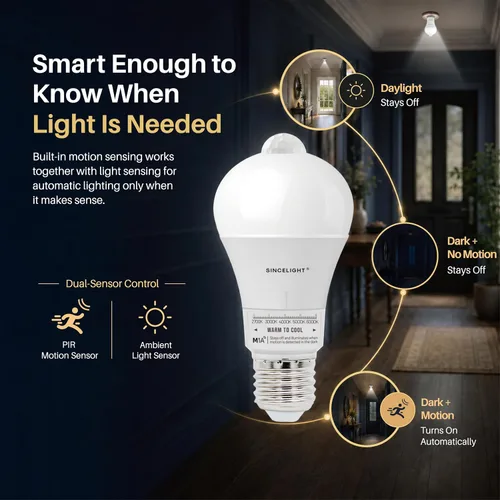 Vista 7 de SINCELIGHT - Bombilla LED con sensor de movimiento de 10 W con base E26, activada por movimiento PIR en la oscuridad, encendido/apagado automático 5