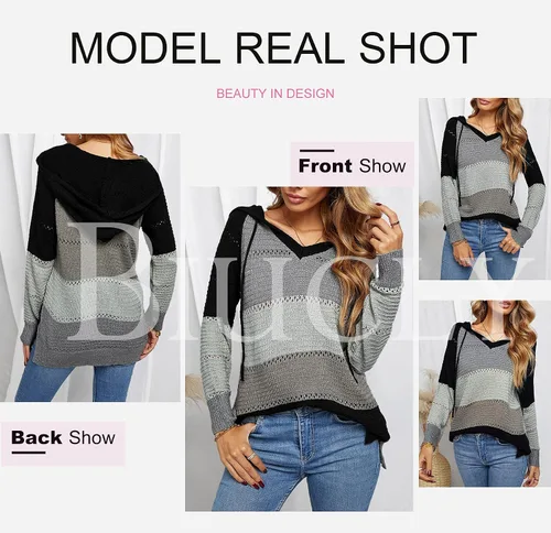 Vista 3 de Biucly Women's Color Block Lightweight Hooded Sweater Drawstring Hoodies Pullover Sweatshirts