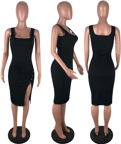 Vista 4 de Salimdy - Vestido de longitud media con corte tubo, sexy y liso, con tirantes delgados, acanalado, con botones, abertura lateral, entallado