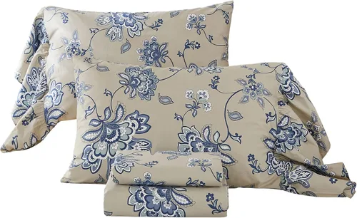 Vista 12 de ABREEZE Juego de sábanas con estampado floral beige, juego de ropa de cama bohemio, juego de ropa de cama de lujo de 4 piezas, medallón de damasco