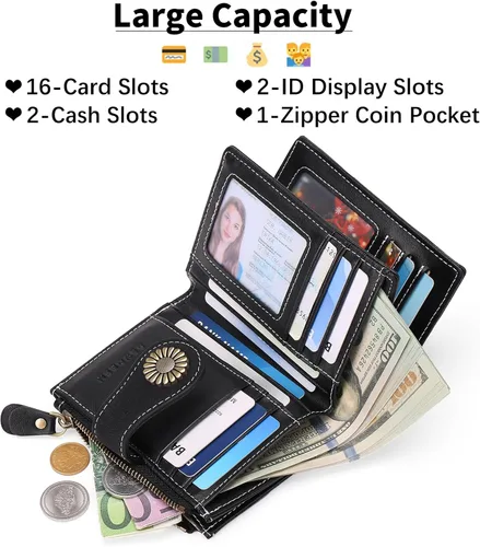 Vista 2 de SENDEFN Carteras pequeñas para mujer, con bloqueo RFID, de cuero, plegable, tarjetero con ventana de identificación