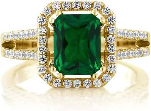 Vista 3 de Gem Stone King Anillo de esmeralda simulada de plata chapada en oro amarillo de 18 quilates para mujer 2.78 quilates Corte esmeralda 9X7MM