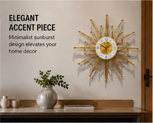Vista 7 de Reloj de pared grande silencioso de 19.6 pulgadas para decoración de sala de estar, reloj de pared dorado con forma de explosión de sol y estrella