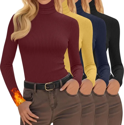 Vista 28 de Oakgarden Paquete de 4 camisetas térmicas de cuello alto para mujer, de manga larga, acanaladas, de algodón, ajustadas, capa base, ropa