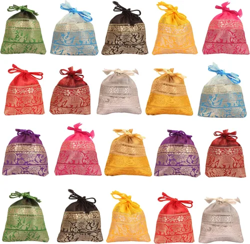 Vista 17 de Touchstone Bolsas con cordón de tela tradicional india, hechas a mano, perfectas para regalos, joyas, bodas, bolsas, bolsas, Potli, -Mimosa