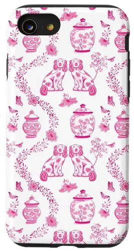 Vista 18 de Preppy - Carcasa para iPhone 16, diseño de perros y tarros de jengibre, color rosa y blanco