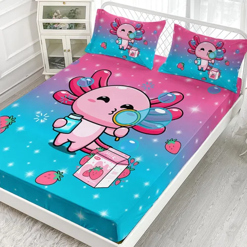 Vista 2 de AILONEN Axolotl - Juego de sábanas bajeras para niños, tamaño individual XL, color rosa y azul degradado kawaii, lindas sábanas de fresa salamandra