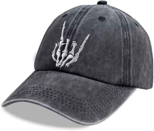 Vista 2 de Sombrero de mano unisex con esqueleto de calavera, bordado de huesos de Halloween, ajustable, de algodón lavado, gorra de béisbol de mezclilla