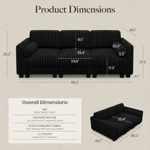 Vista 2 de Belffin Sofá cama seccional de pana de felpa con asiento ancho y profundo, modulares de nube seccionales para sala de estar. Sofá negro