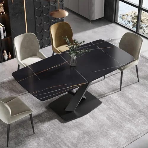 Vista 15 de Mesa de comedor moderna, mesa de comedor de piedra sinterizada blanca antigua con base de acero al carbono sólido en forma de X, mesa de comedor