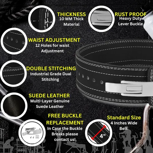 Vista 3 de Cinturón de Levantamiento de Pesas con Palanca para Hombres y Mujeres de 10mm IPF de Cuero Grueso, Ideal para Cinturones de Gimnasio, Entrenamiento