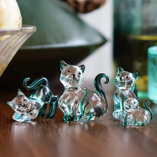 Vista 7 de HDCRYSTALGIFTS Figuras de Gatos de Cristal Soplado de 2 pulgadas Coleccionables Paquete de 4 Estatua de Animal Gatito de Cristal Verde Esmeralda