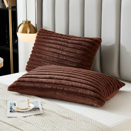 Vista 7 de Juego de 2 fundas de almohada para cama tamaño king, fundas de cojín rectangulares lumbares con diseño de rayas, forro de piel de conejo sintética