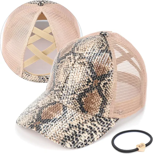 Vista 28 de C.C Gorra de béisbol de malla con diseño de estrella brillante, gorra de camionero ajustable para moño o cola de caballo Una banda elástica-negro