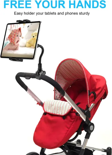 Vista 3 de Soporte de cuello de cisne para iPad para cochecito, soporte ajustable para tableta de teléfono, abrazadera de poste para cochecito de bebé, carrito