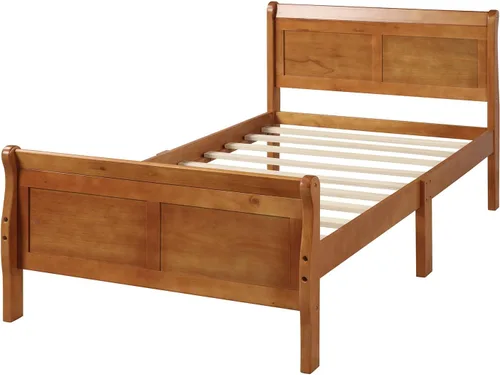 Vista 5 de Merax Marco de cama de plataforma de madera, marco de cama individual con cabecera y soporte de listones de madera, individual, roble