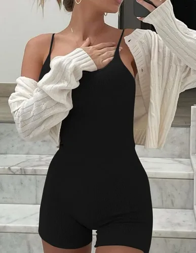 Vista 2 de SEASUM Overol de yoga acanalado de una pieza para mujer, sin mangas, para entrenamiento, ejercicio y discoteca