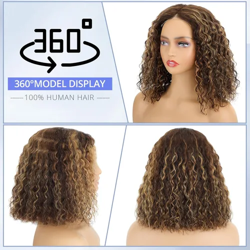 Vista 3 de Pelucas de cabello humano sin pegamento pre arrancadas pre cortadas con reflejos rubios Bob rizado corto con encaje frontal para mujeres negras