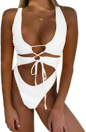 Vista 27 de Traje de baño sexy de una pieza con recortes, encaje, espalda descubierta y corte alto monokini para mujer Azul bebé