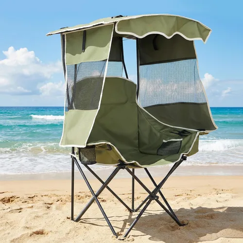 Vista 13 de ABORON Silla de camping con toldo, silla de playa plegable con sombra, silla portátil para exteriores con portavasos y bolsa refrigeradora