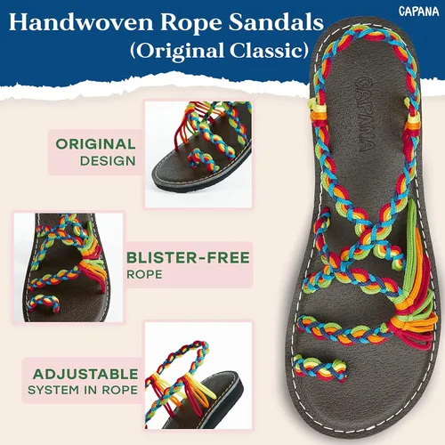 Vista 3 de Capana Sandalias planas tejidas para mujer, sandalias trenzadas con tiras, sandalias de playa para mujer, sandalias bohemias de cuerda, zapatos