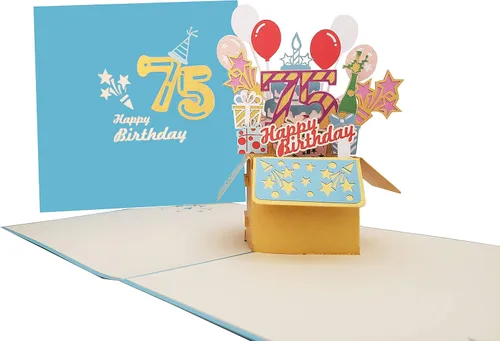 Vista 2 de iGifts And Cards Tarjeta desplegable 3D de cumpleaños 75: caja de fiesta azul centro de mesa de champán - Saludo de hito para padres, abuelos