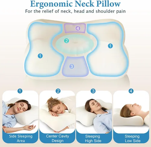 Vista 4 de Almohada cervical para aliviar el dolor de cuello – Almohada de espuma viscoelástica de contorno para dormir de lado y de espalda, doble altura 4.7